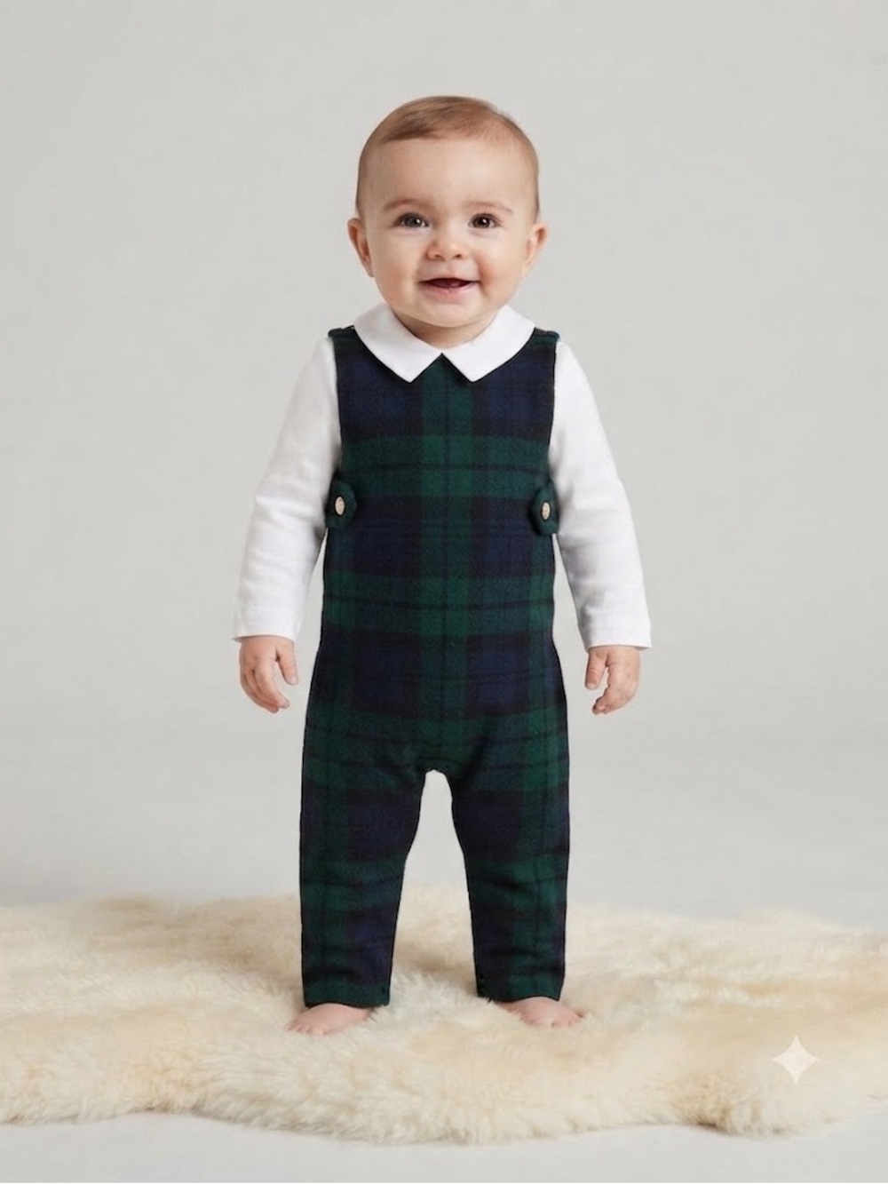 Ralph Lauren Wool Green and Navy Plaid Infant Romper with White Collared Shirt
